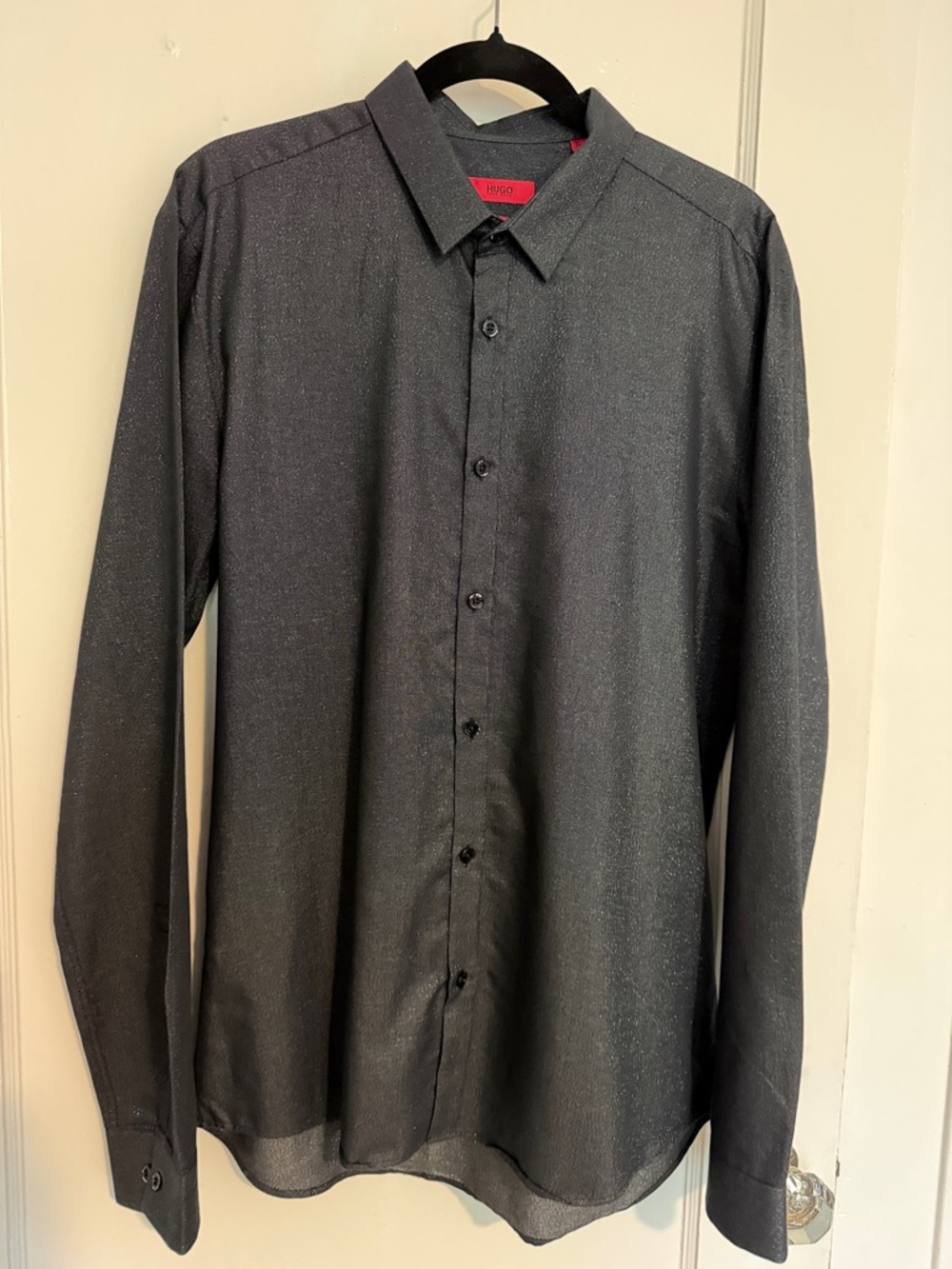 HUGO Men's Long-Sleeve Shirt in Charcoal Black with Shimmer Effect